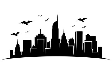 Obraz premium Silhouette of City Skyline with Dramatic Sunset and Flying Birds