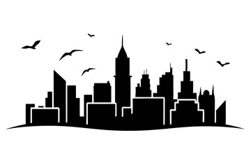 Obraz premium Silhouette of City Skyline with Dramatic Sunset and Flying Birds