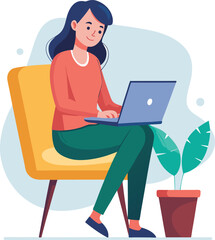 a girl is using his laptop vector