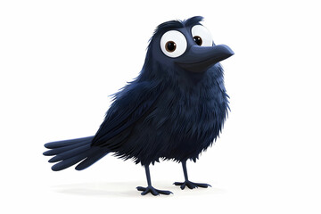 Fototapeta premium Cartoonish Black Bird with Large Eyes and Fluffy Feathers, Standing Quirky Against a White Background, Perfect for Whimsical s and Cheerful Designs
