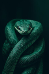 Obraz premium Green snake wrapped around it, against a black background