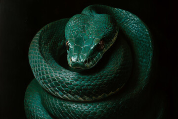 Fototapeta premium Green snake wrapped around it, against a black background