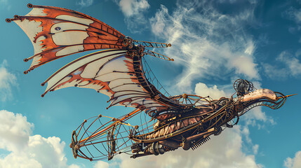 A Visionary Depiction of a Flying Machine or Ornithopter, Combining Intricate Mechanics with Imaginative, Futuristic Design
