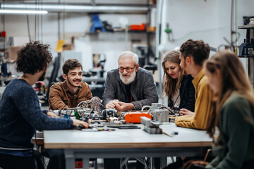 Pensioner in a tech workshop, surrounded by younger people, all learning together in a collaborative environment.
