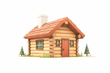 Charming Cartoon Log Cabin Surrounded by Nature with Lush Grass, Tall Trees, and a Cozy Atmosphere Perfect for s and Designs