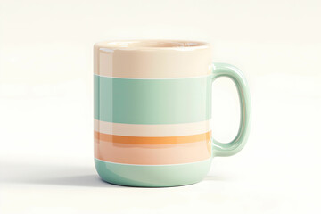 Obraz premium Colorful Ceramic Mug with Stripes Design, Ideal for Coffee or Tea, Displaying Soft Pastel Shades of Mint Green, Peach, and Cream Against a Light Background