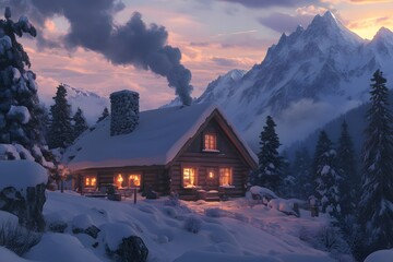 Fototapeta premium Snowy Cabin Surrounded by Winter Trees, Majestic Mountains, and a Cozy Warm Light Glow