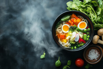 A single steaming bowl of traditional Japanese ozoni soup with vibrant vegetables and delicate mochi background with empty space for text