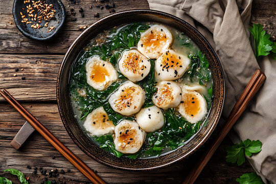 A single steaming bowl of traditional Japanese ozoni soup with vibrant vegetables and delicate mochi background with empty space for text