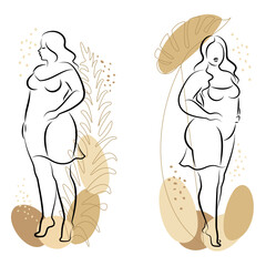 Collection. Silhouette of a female figure and plant leaves. The girl is standing. The lady is full of beauty and sexuality. The girl is overweight vector illustration set.