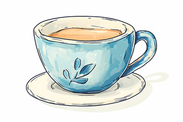 A Hand-Drawn of a Blue Tea Cup with a Leaf Design, Filled with Warm Beverage, Placed on a White Saucer on a Light Surface