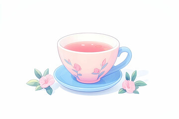 Fototapeta premium A Delicate Pink Cup of Tea Surrounded by Floral Accents and a Soft Background, Perfect for Relaxation and Tranquility in a Cozy Setting