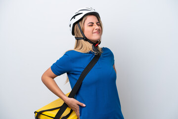 Young caucasian woman with thermal backpack isolated on white background suffering from backache for having made an effort