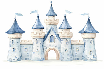 Obraz premium Enchanting watercolor of a fantasy castle with multiple towers and blue roofs, ideal for children's book designs, invitations, and whimsical decor projects.