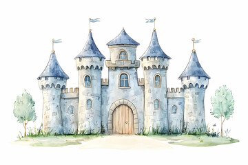 Obraz premium Enchanting Fairy Tale Castle with Turrets and Flags Surrounded by Lush Greenery Ideal for s, Children's Books, and Magical Themes