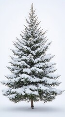 Fototapeta premium Traditional pine tree with heavy snow, unadorned and centered on completely white background, evoking serene winter beauty and natural elegance.