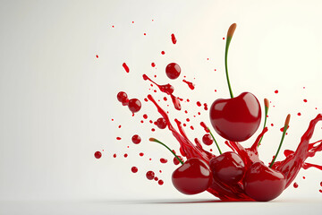 Fresh Red Cherries Splashing in Juicy Liquid Creating Vibrant and Eye-Catching Visual Effects in a Minimalist Setting