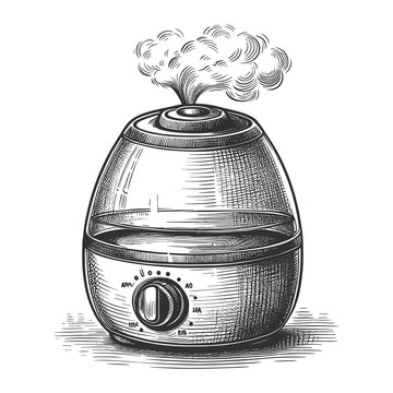 recommend clip art: Sketch of air humidifier on white background, detailed outline of modern home appliance with mist emitting from the top, clean air concept, indoor comfort and wellness illustration.