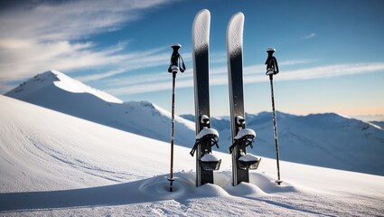 Pair of skis and poles standing in snow on mountain slope, blue sky.