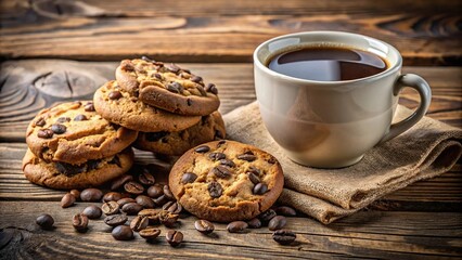 Comforting scene of chocolate chip cookies and coffee on a wooden table with a low angle perspective