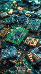 Obraz premium Eco-friendly tech innovations reducing e-waste and focusing on energy-efficient devices and sustainable digital infrastructures, promoting environmental responsibility.