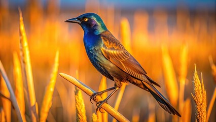 Naklejka premium Common grackle perching on dry reed at sunset