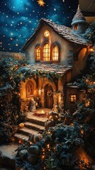 Fototapeta premium Fantasy-style Bethlehem with whimsical glowing clouds, oversized stars, and magical aura surrounding the Nativity stable, evoking wonder and enchantment.