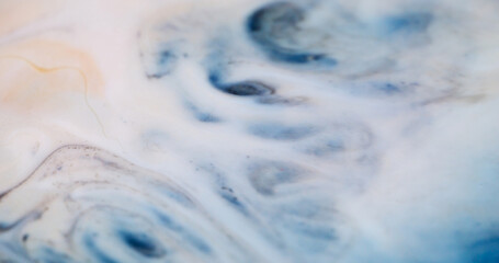 Enamel mix. Wave paint. Light stream with dark spots gold glitter. Emergence of contrasting dye clots washing surface with variable deformation texture.