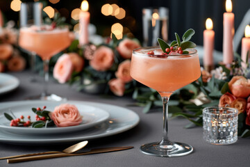 Fototapeta premium National Rhubard Vodka Day. Romantic grapefruit cocktails adorned with delicate garnishes and surrounded by soft candlelight, perfect for a festive and intimate dining experience. 