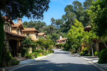 Fototapeta premium A peaceful neighborhood filled with beautiful houses and lush trees under a clear blue sky