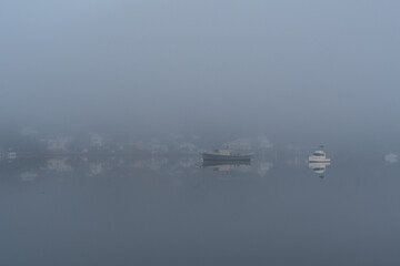 Morning Fog Shrouding Boats and Shoreline of Marina in Smith Cove Along the Niantic River in Niantic Connecticut