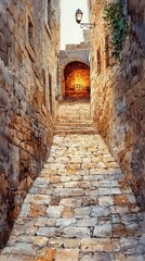 Obraz premium Close-up of ancient stone street in Bethlehem, rendered in textured watercolor shades of beige and sandy brown, leading to stable glowing with golden light.