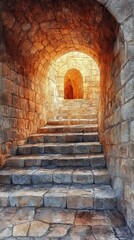 Obraz premium Ancient stone staircase illuminated by warm sunlight, inviting exploration of timeless architecture and hidden historic pathways.