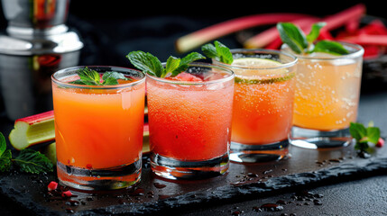 National Rhubard Vodka Day. A vibrant assortment of colorful rhubarb-infused cocktails garnished with fresh herbs and served in stylish glasses on a dark slate background.
