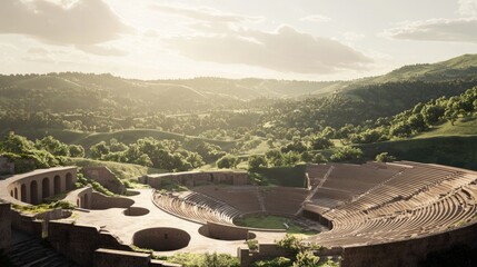 Majestic Roman Amphitheater Ruins in Soft Sunlight - 3D Rendered Digital Artwork of Dramatic Roman Architecture Amid Lush Hills