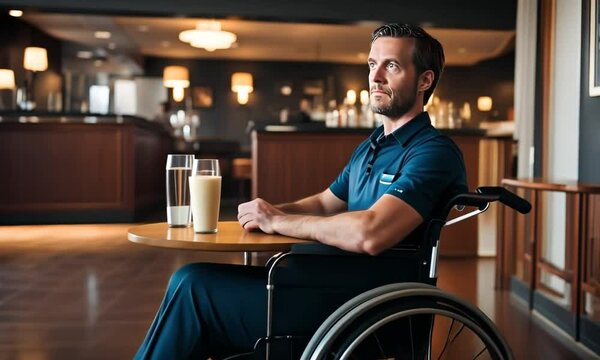 Man in a wheelchair in a cafe.