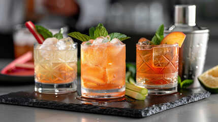 National Rhubard Vodka Day. A vibrant display of three refreshing cocktails with ice, garnished with mint, fruit, and rhubarb, set on a slate tray with a blurred bartender background.
