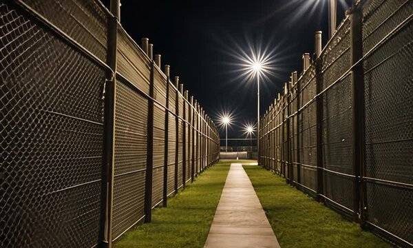View of a prison at night.