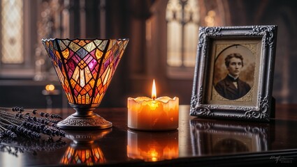 Symbolic funeral image with a reflective mood featuring a stained glass lamp and a candle beside a framed photo 