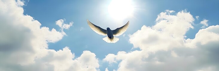 Obraz premium Majestic Dove in Flight Under Bright Blue Sky With Sunlight Shining Through Fluffy Clouds Creating a Hopeful and Serene Atmosphere for Inspirational Themes