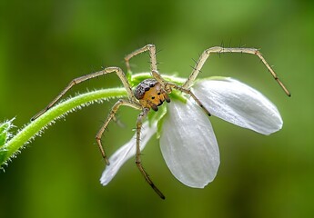 Fototapeta premium Close-Up of a Spider on a Delicate White Flower Petal Capturing Nature's Intricate Details and Unique Beauty in the Garden Environment
