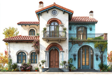Mediterranean Style Two Story House With Balconies And Lush Landscaping
