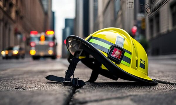 Firefighter helmet in the city.
