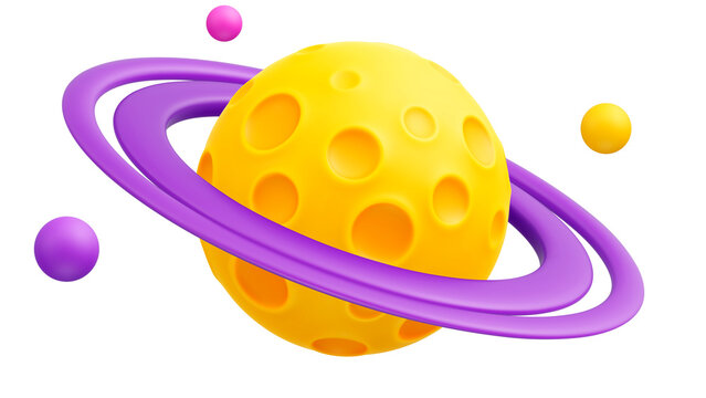 Cartoon yellow planet with craters and purple rings around. Creative cute minimalistic 3d space symbol design for children's astronomy education and space theme. Cheese planet. PNG file