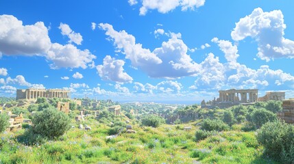 Fototapeta premium Serene Roman Countryside: Ancient Ruins in Panoramic View under Bright Blue Sky with Fluffy Clouds, 3D Render Ultra-Detailed with Dramatic Light