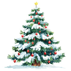 A watercolor illustration of a snowy Christmas tree, adorned with festive decorations and snow-covered branches, isolated on a white background. Snowy Christmas tree vector.