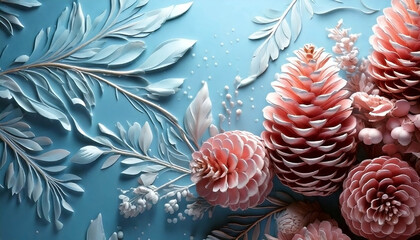 Christmas pink pinecones on blue background, top view, 3d illustration