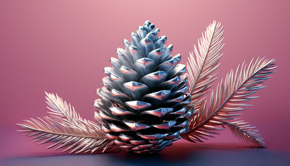 Silver pinecone and golden fir branches on pink background. Christmas decoration, 3d illustration.