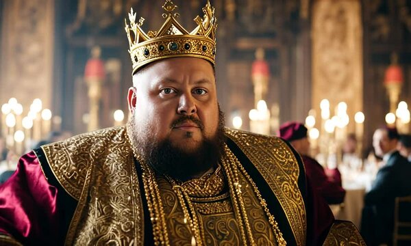 Fat king in a royal palace.