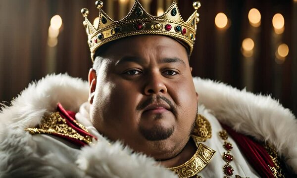 Fat king in a royal palace.